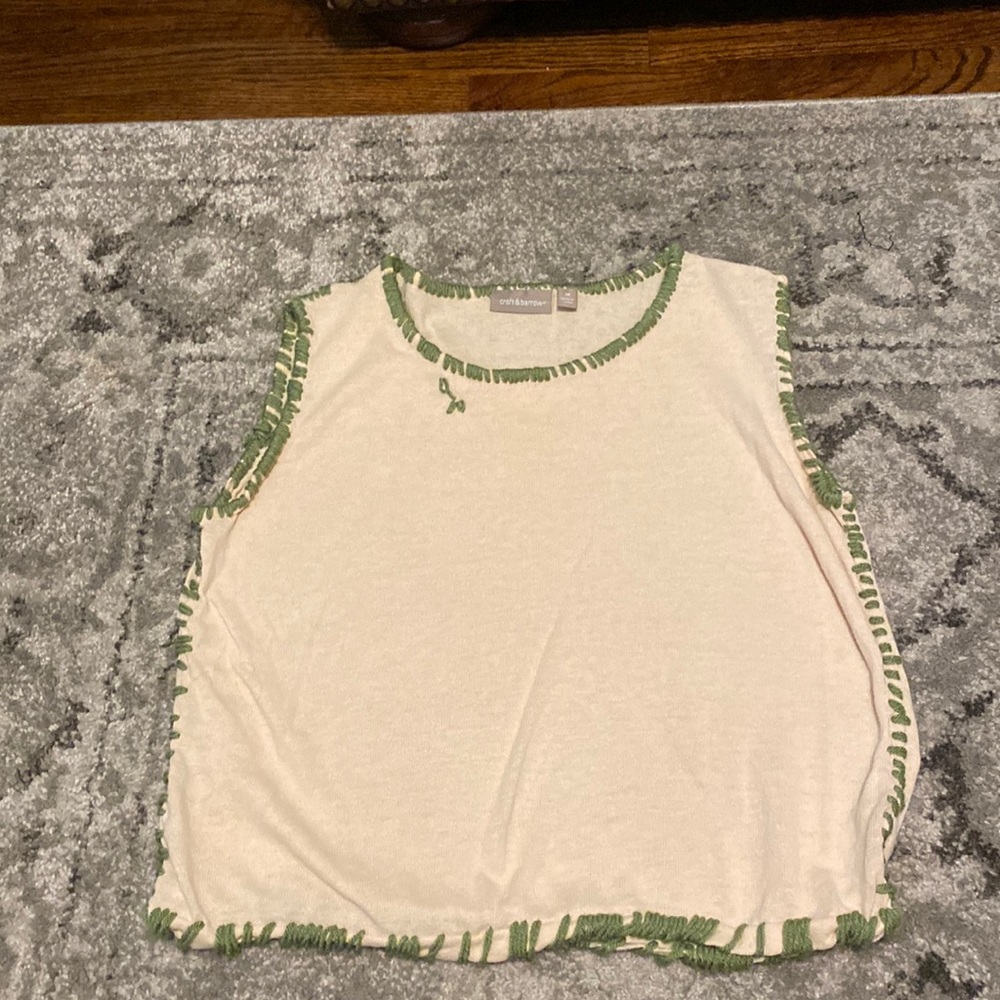 green stitched, cream, top. 55% Ramie, 45% cotton
